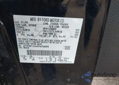 2005 Ford F-150 Fx4/Lariat/Xlt from USA, damaged, VIN 1FTPW14565FA76092